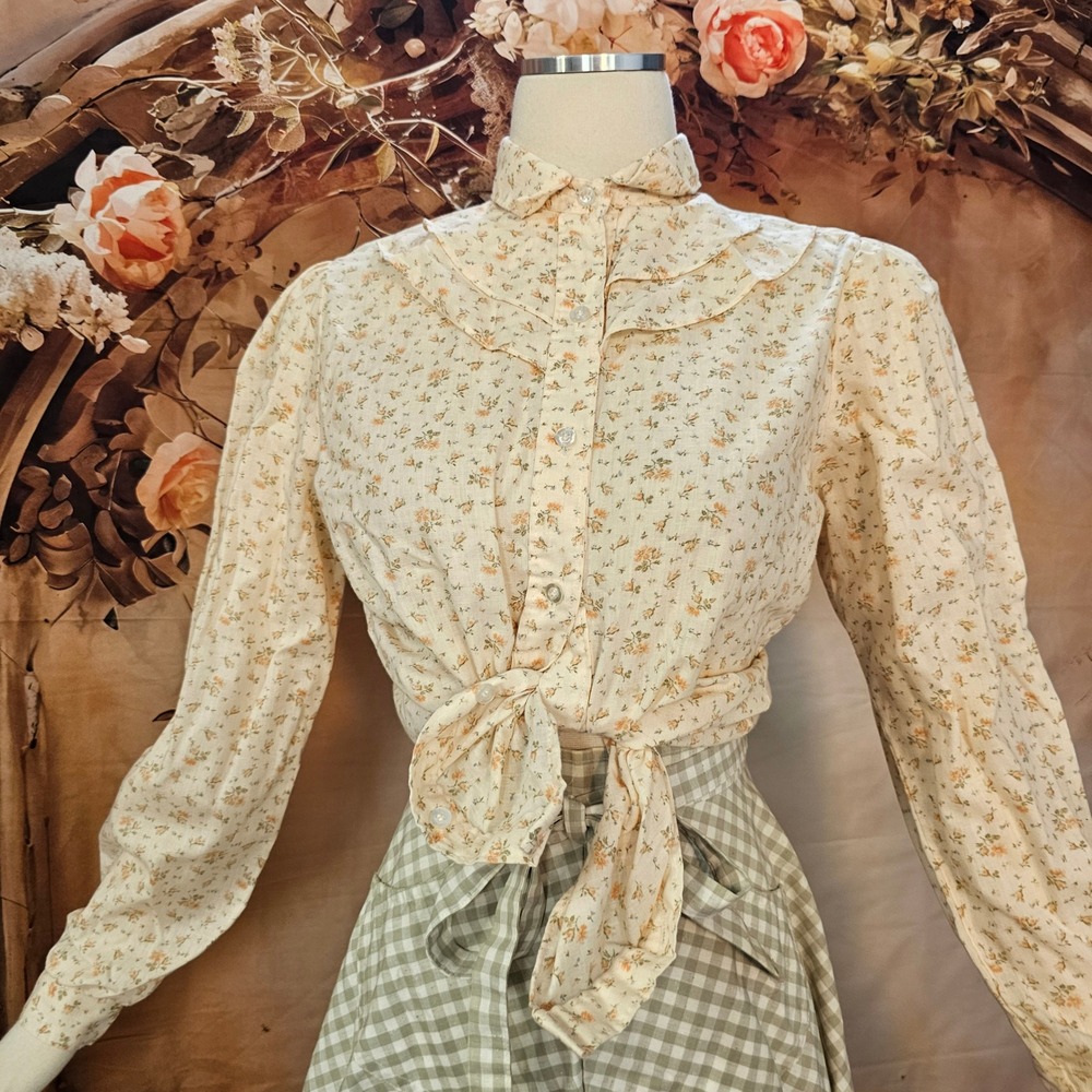 Vintage 1960s Blouse Top Sears JR Bazaar Floral Ruffle Blouse Cream Orange Shirt